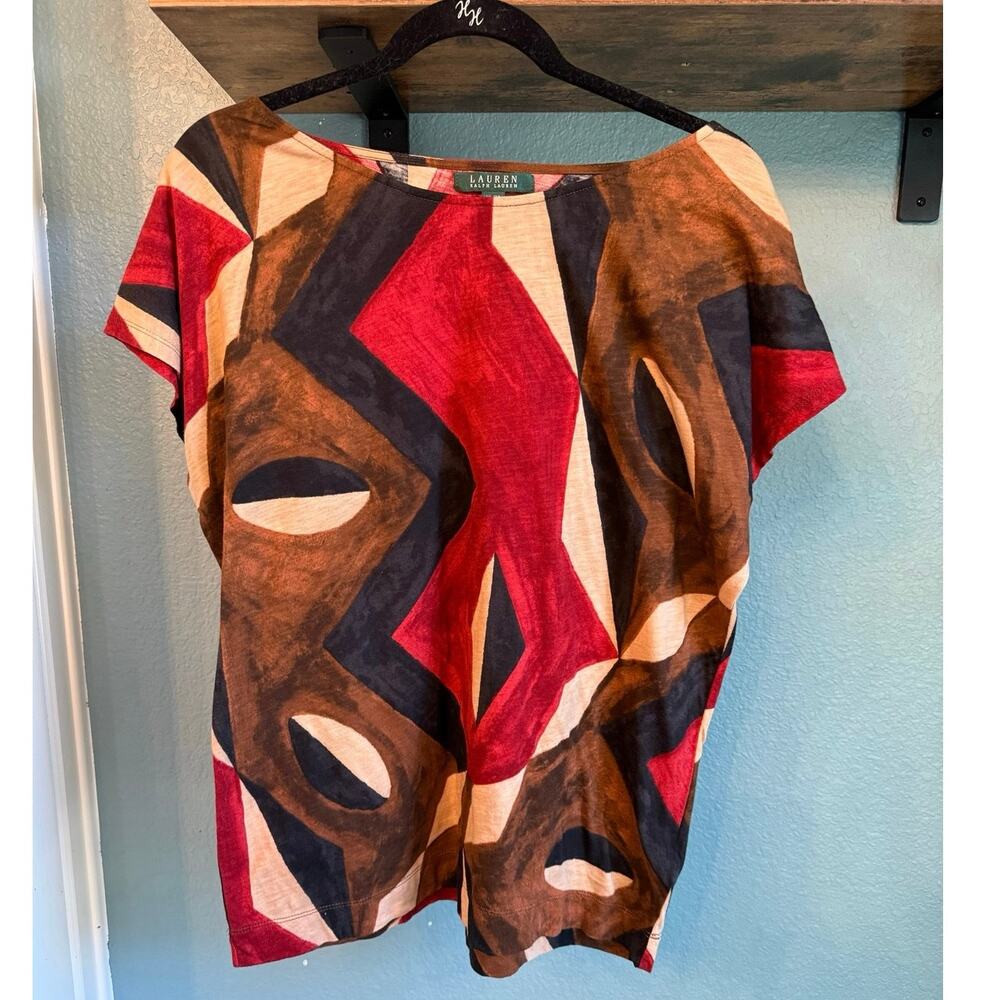 NWT Lauren Ralph Lauren Abstract Geometric Print Cotton Tee Shirt XL Y2K Retro